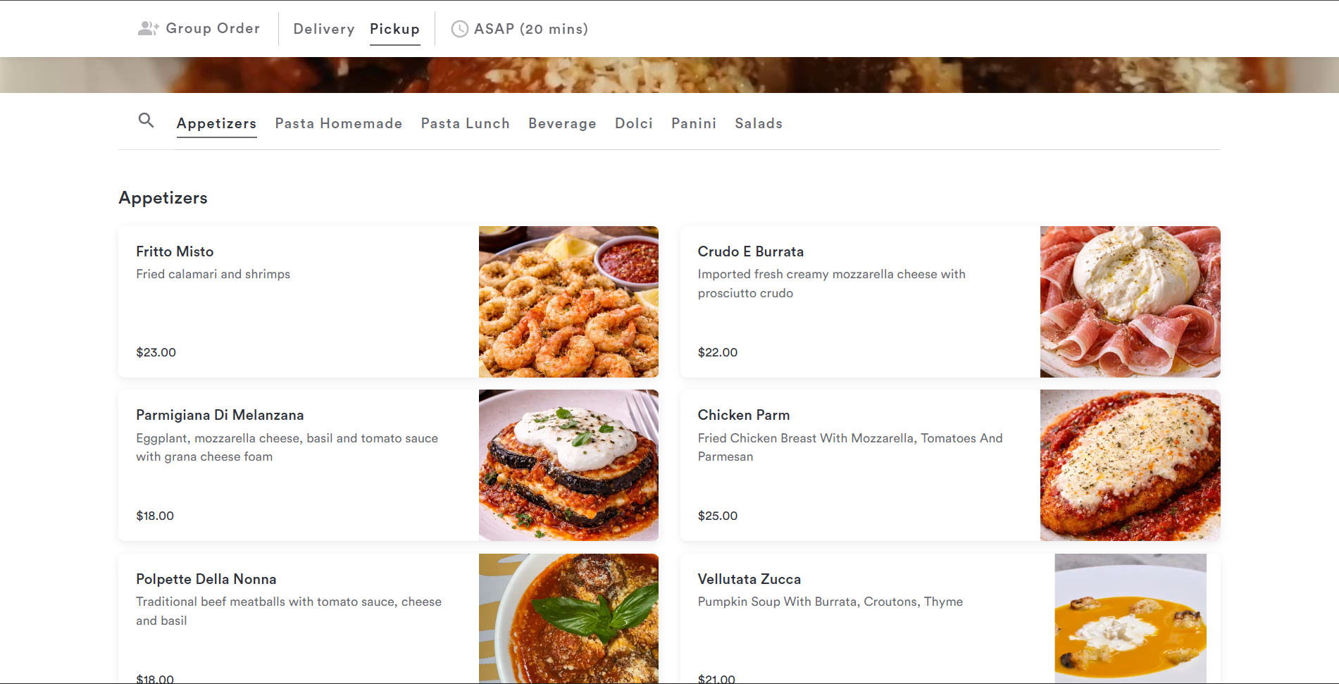 Restaurant ordering website menu
